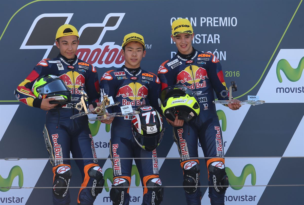 Aleix Viu, Ayumu Sasaki & Raul Fernandez Podium Aragon 2016