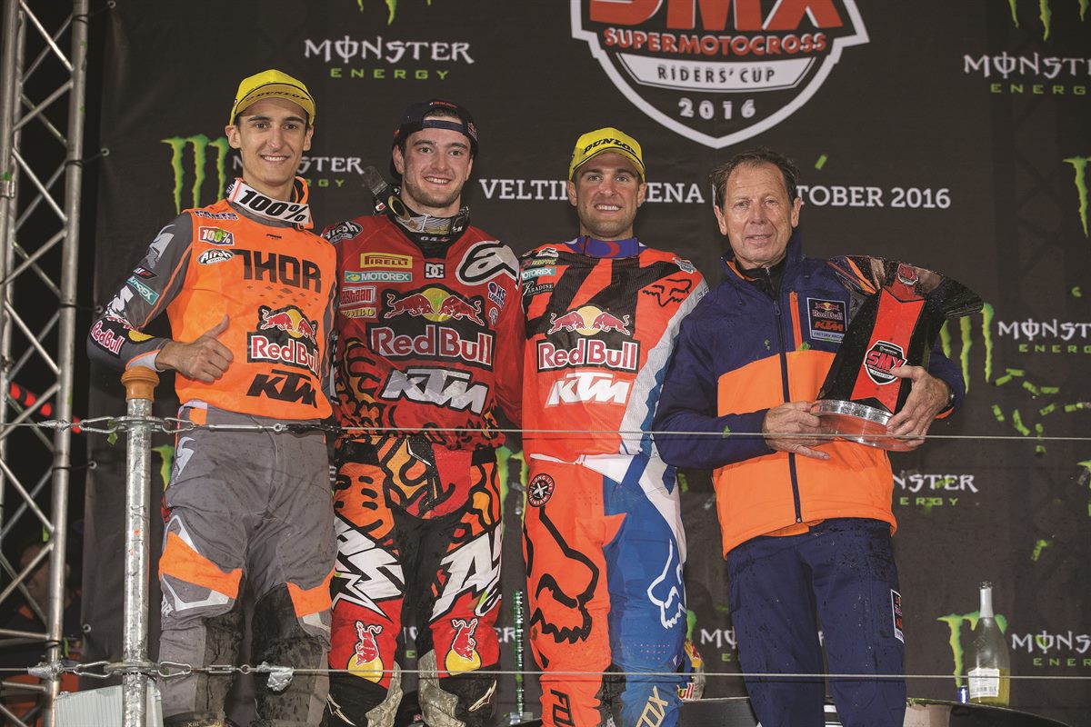 Marvin Musquin, Jeffrey Herlings, Ryan Dungey & Roger De Coster Podium VELTINS-Arena 2016