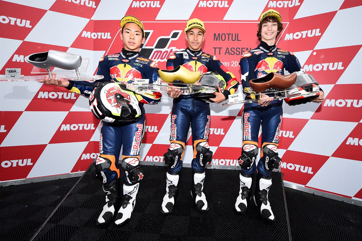 Ayumu Sasaki, Raúl Fernández & Rory Skinner Podium Race 2 Assen 2016